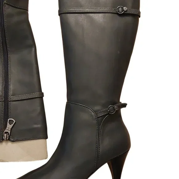 BCBGMAXAZARIA AVA Belted Dark Charcoal Grey Leather Boots Retail Sz 6.5 $434